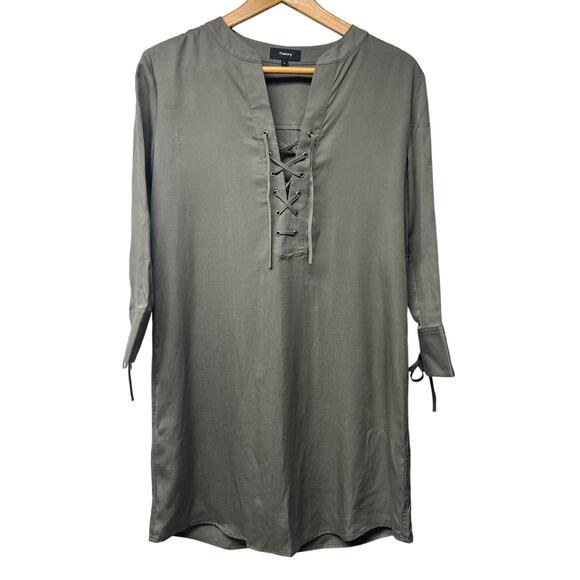 Theory Jullitah R2 Tencel Olive Green Lace Up Shirt Dress 3/4 Sleeves Size 4 - Picture 1 of 4